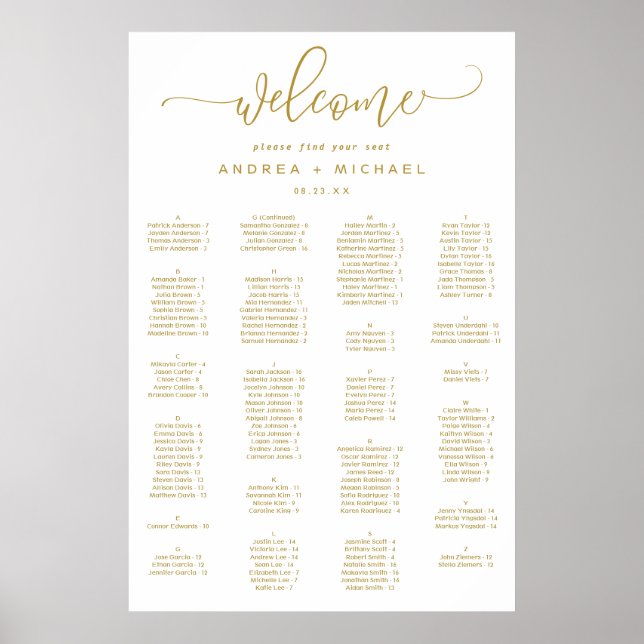 Wedding Seating Chart Gold Bouncy Script (Front)