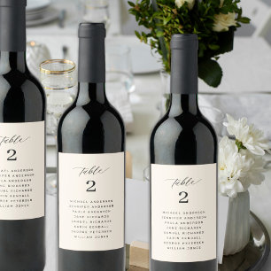 Wedding seating chart guest names table number wine label