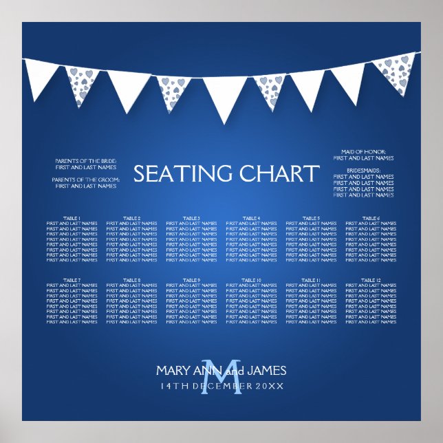 Wedding Seating Chart  Love Bunting Monogram Blue (Front)