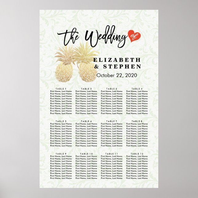 Wedding Seating Chart Modern Gold Pineapple Couple (Front)