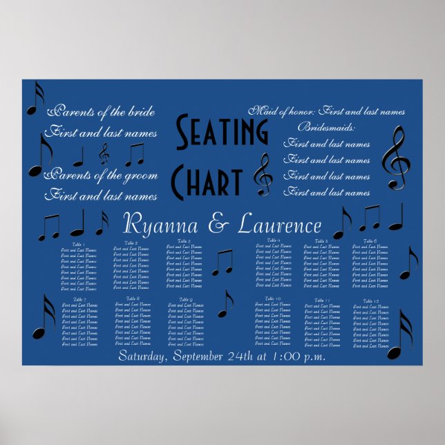 Wedding Seating Chart Music Notes Something Blue (Front)