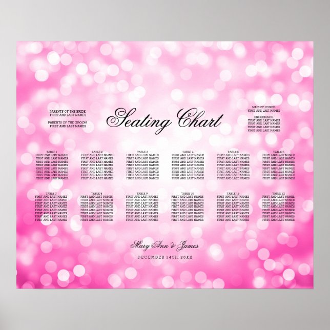 Wedding Seating Chart Pink Glitter Lights (Front)