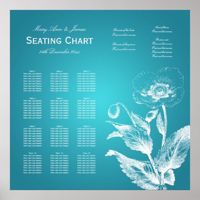 Wedding Seating Chart Poppy Turquoise (Front)