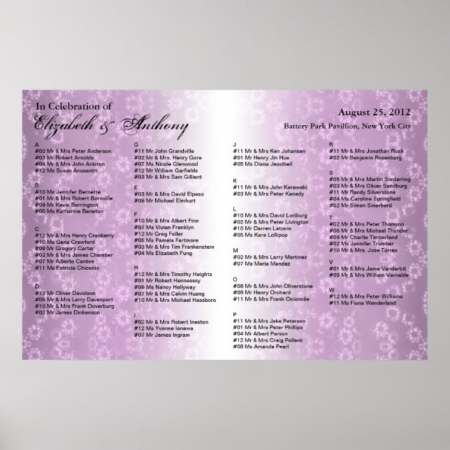 Wedding Seating Chart Poster Purple Floral (Front)