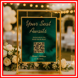 Wedding Seating Chart QR Emerald Green & Gold Sign