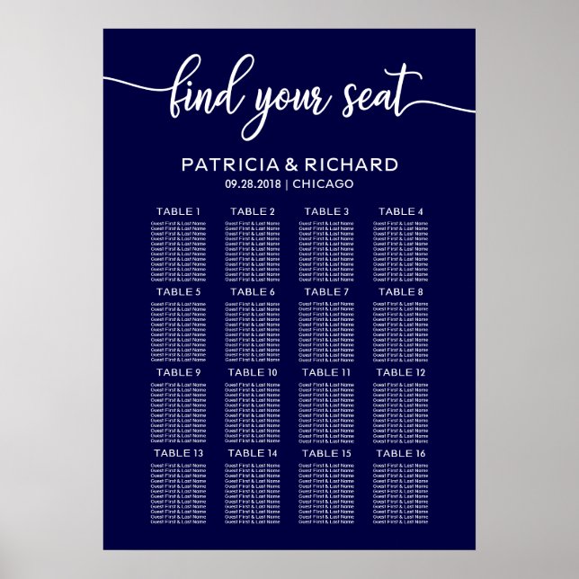 Wedding Seating Chart Sign Chic Navy Blue (Front)