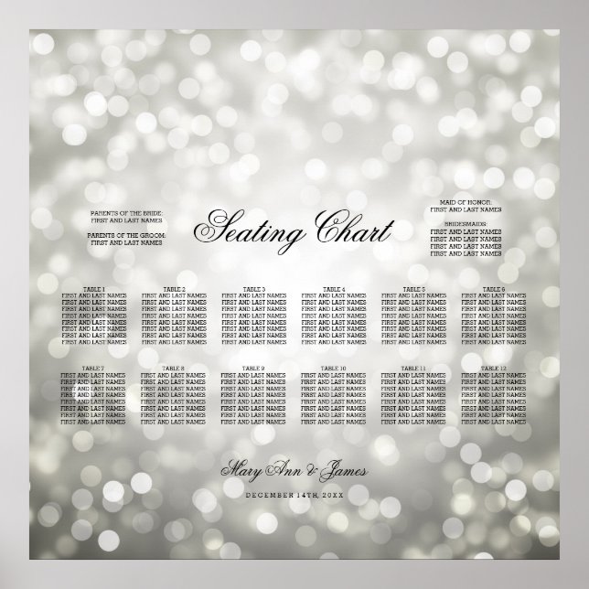 Wedding Seating Chart Silver Glitter Lights (Front)