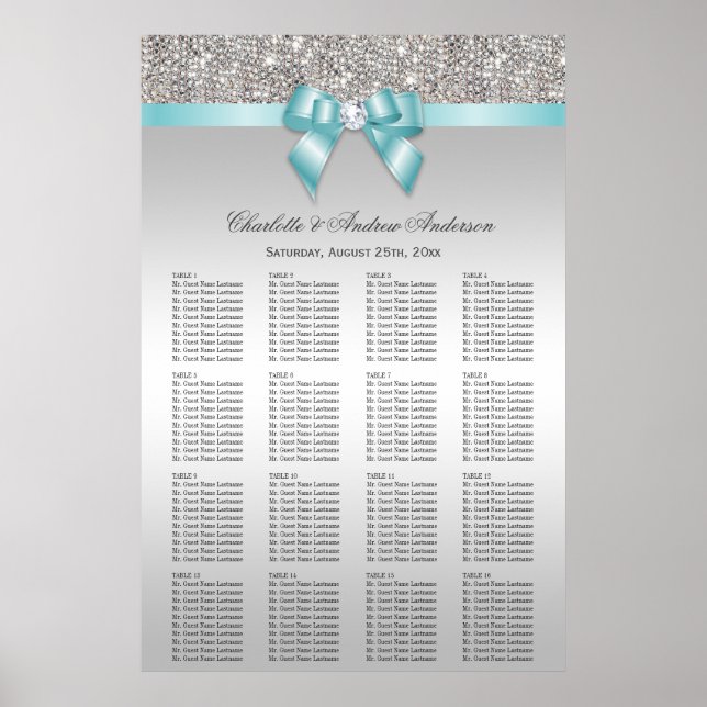 Wedding Seating Chart Silver Sequin Teal Bow (Front)