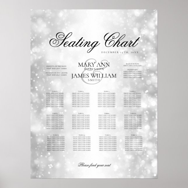 Wedding Seating Chart Silver Shimmer Lights (Front)