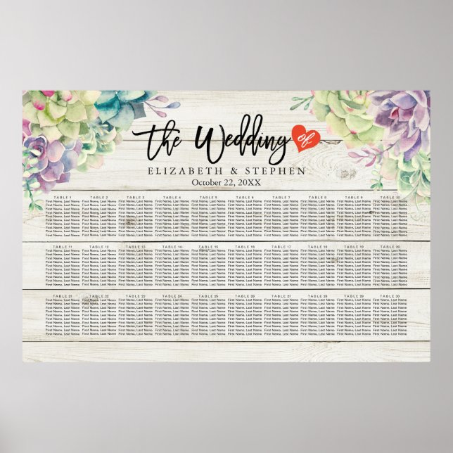 Wedding Seating Chart Succulent Plants Rustic Wood (Front)