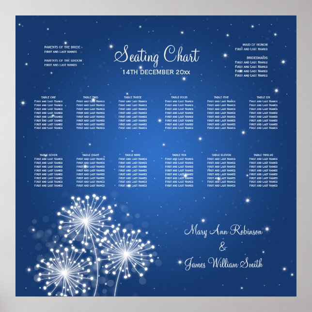 Wedding Seating Chart Summer Sparkle Sapphire Blue (Front)