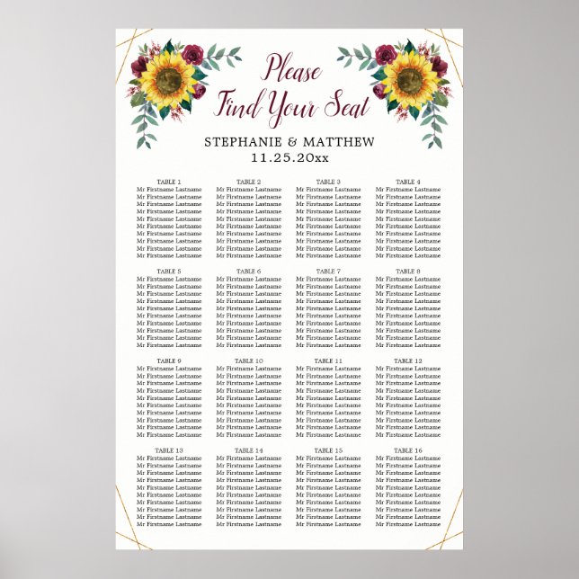 Wedding Seating Chart Sunflower Geometrical (Front)
