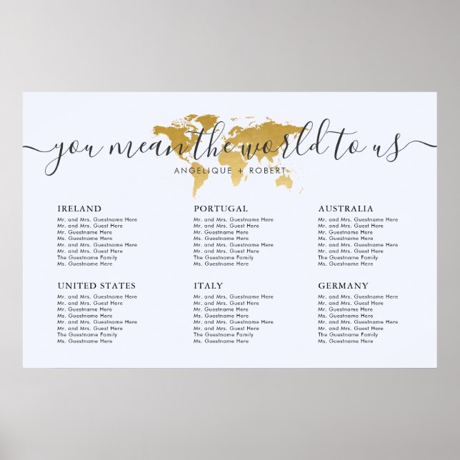 Wedding Seating Chart Travel Theme World Map Gold (Front)