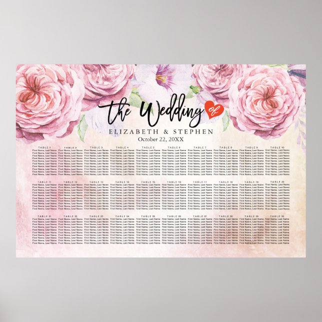 Wedding Seating Chart Watercolor Floral & Feathers (Front)