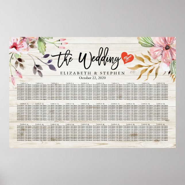 Wedding Seating Chart Watercolor Pink Flowers Wood (Front)
