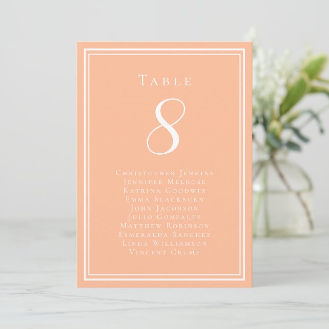 Wedding Seating Guest List Peach Table Number Card (Standing Front)