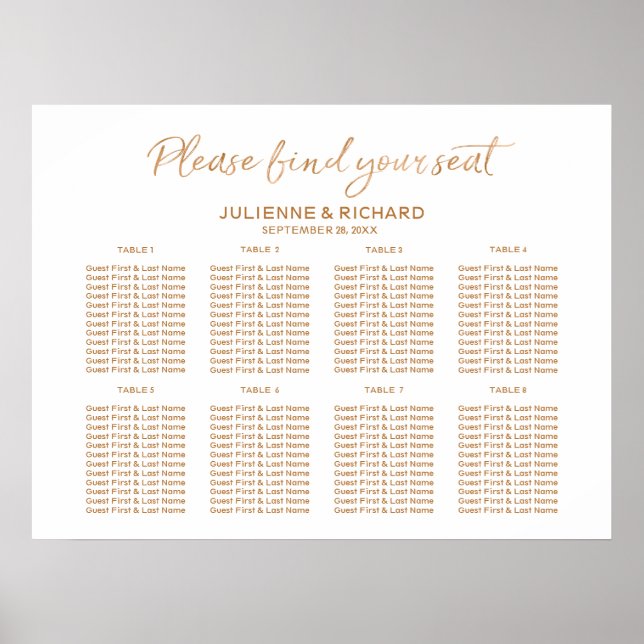 Wedding Seating Plan 8 Tables Rose Gold Sign (Front)
