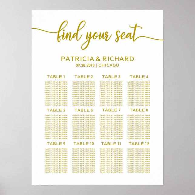 Wedding Seating Plan Elegant Gold Calligraphy Poster (Front)
