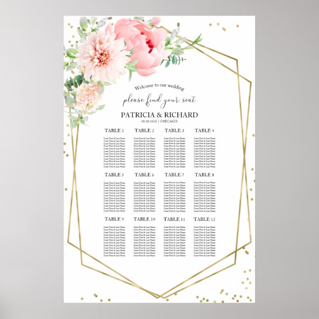 Wedding Seating Plan Geometric Blush Floral Poster (Front)