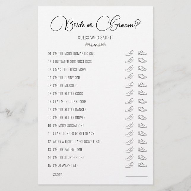 Wedding Shoe Game Bride or Groom Black & White (Front)