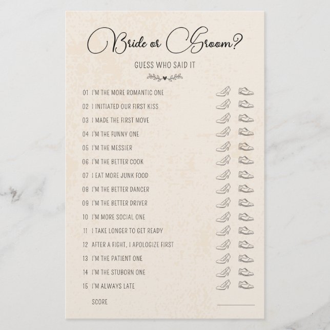 Wedding Shoe Game Bride or Groom Rustic Paper (Front)