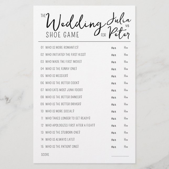 Wedding Shoe Game Questions Paper Black & White (Front)