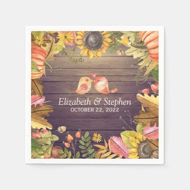 Wedding Shower Autumn Maple Leaves Pumpkins Wood Napkin (Front)