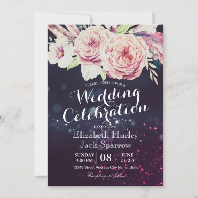 Wedding Shower Boho Floral Feather & Purple Lights Invitation (Front)