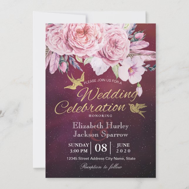 Wedding Shower Boho Floral Feathers Burgundy Red Invitation (Front)