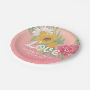 Wedding Shower Chic Rose Flowers Pink Gold Glitter Paper Plate