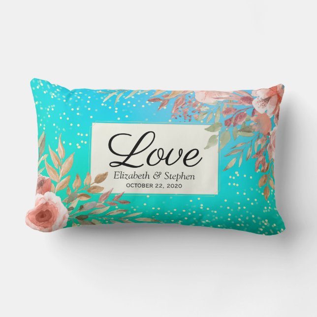 Wedding Shower Elegant Pink Floral Teal Gold Dots Lumbar Cushion (Front)