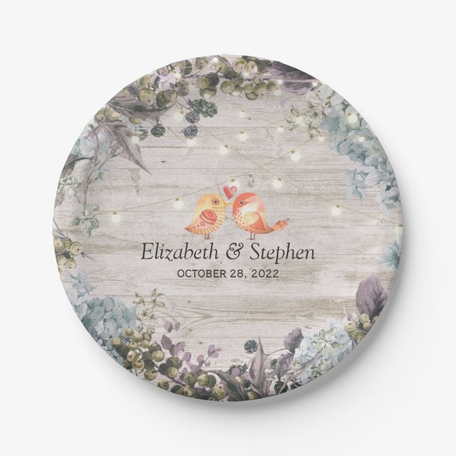 Wedding Shower Floral String Lights & Rustic Wood Paper Plate (Front)