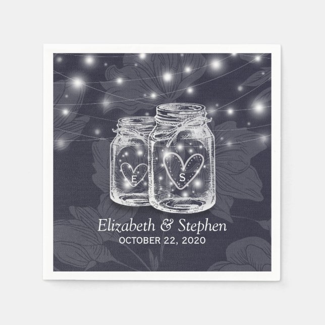 Wedding Shower Mason Jars String Lights Navy Blue Napkin (Front)
