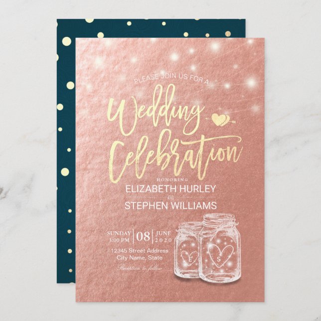 Wedding Shower Mason Jars String Lights Rose Gold Invitation (Front/Back)