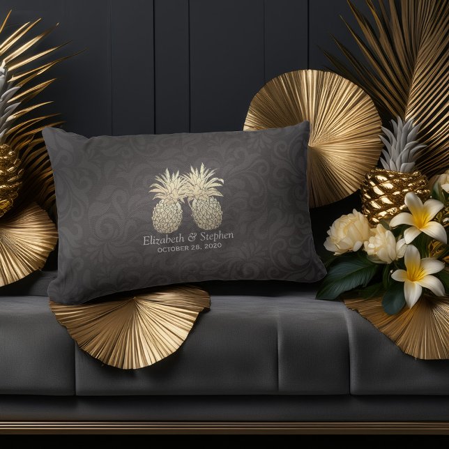 Wedding Shower Modern Black Gold Pineapple Couple Lumbar Cushion (Creator Uploaded)