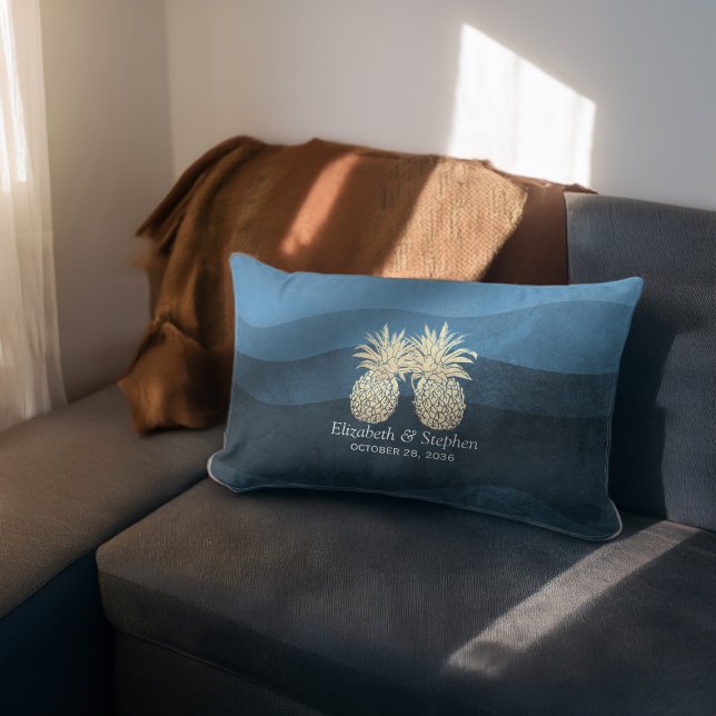 Wedding Shower Modern Blue Gold Pineapple Couple L Lumbar Cushion (Creator Uploaded)