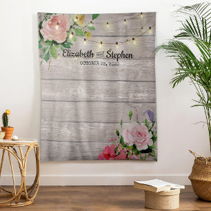 Wedding Shower Photo Backdrop Flowers Wood Lights Tapestry