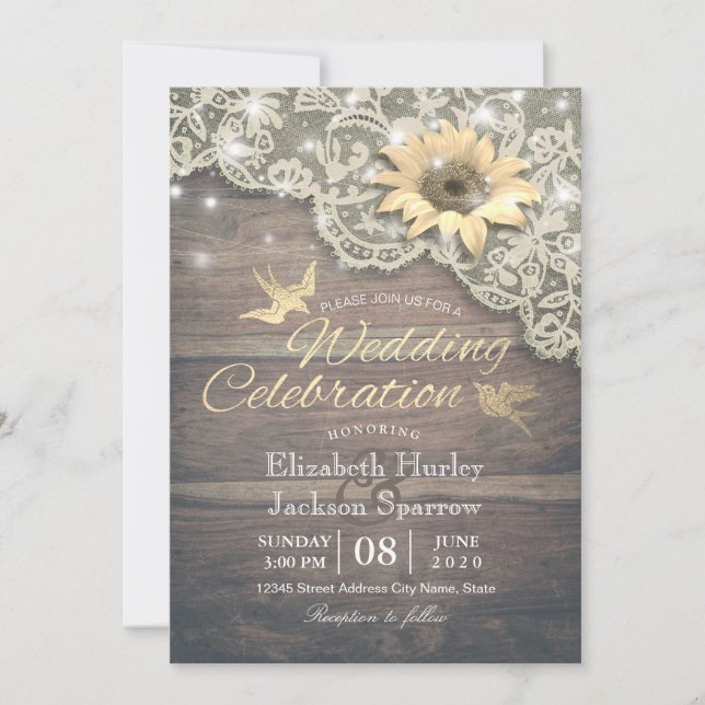Wedding Shower Vintage Lace Sunflower Rustic Wood Invitation (Front)