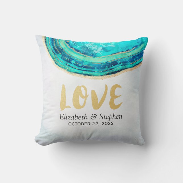 Wedding Shower Watercolor Teal & Gold Agate Geode Cushion (Front)