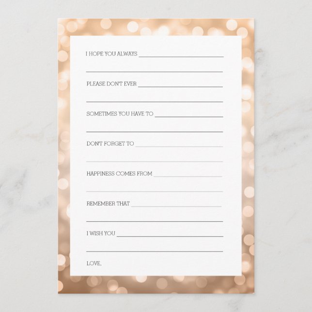 Wedding Shower Wishes Copper Glitter Lights Advice Card (Front)