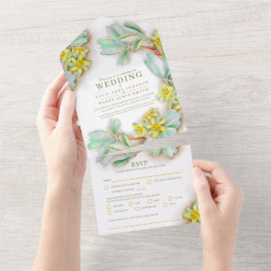 Wedding sibbaldia yellow floral watercolor all in  one invitation