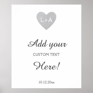 Wedding sign custom text, silver glitter heart