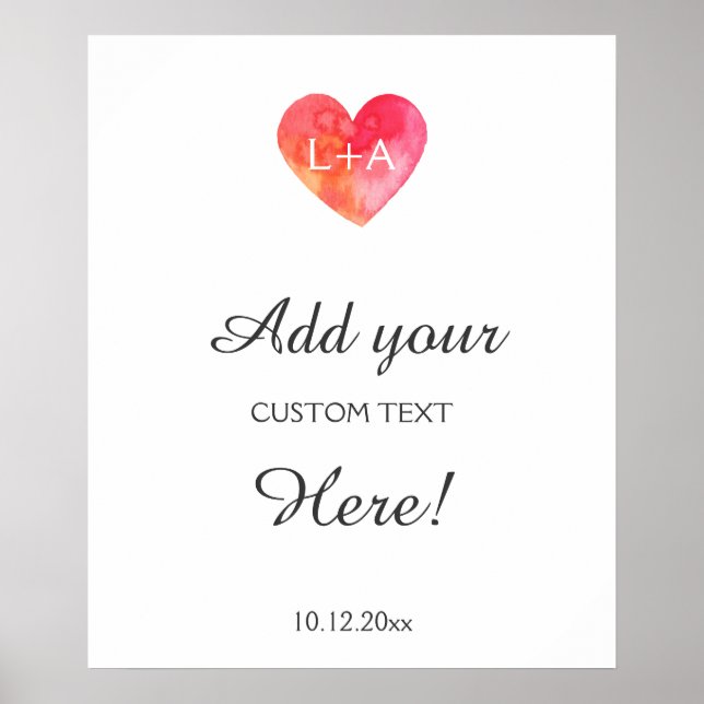 Wedding sign custom text, watercolor heart (Front)