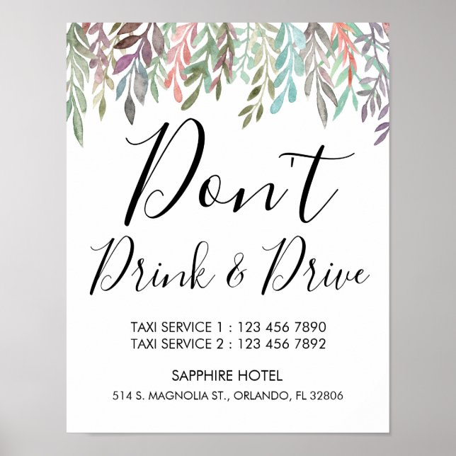 Wedding Sign – Don’t’ Drink & Drive Greenery Sign (Front)