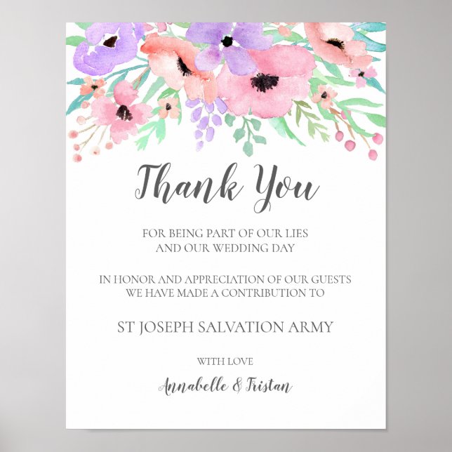 Wedding Sign – Donation Watercolor Floral Sign (Front)