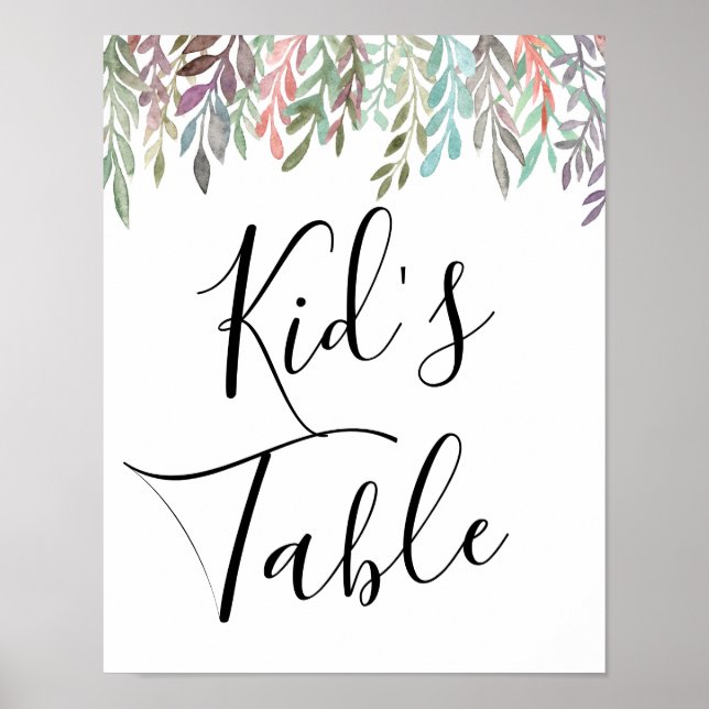 Wedding Sign – Kid's Table Watercolor Greenery (Front)