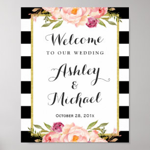 Wedding Sign   Modern Floral Black White Stripes