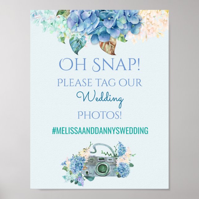 Wedding Sign Photos Hashtag Blue Hydrangeas (Front)