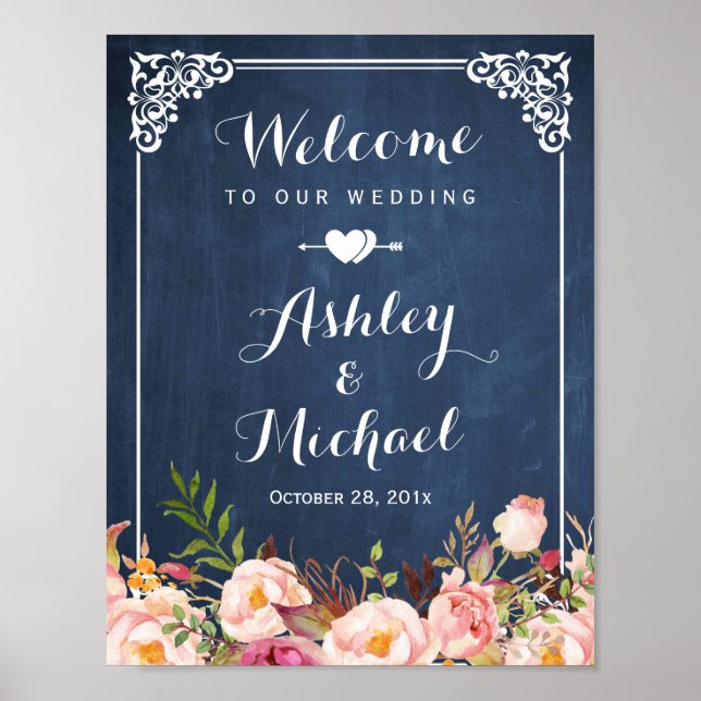 Wedding Sign Vintage Blue Chalkboard Floral (Front)