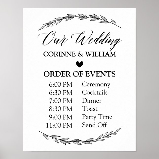 Wedding Sign – Wedding Schedule Laurel Sign (Front)